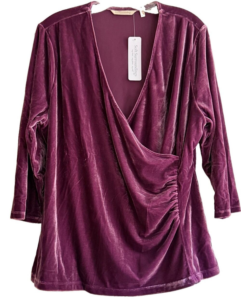 Soft Surroundings Alyssa Top 1X Purple Velvet Faux Wrap Ruched NWT